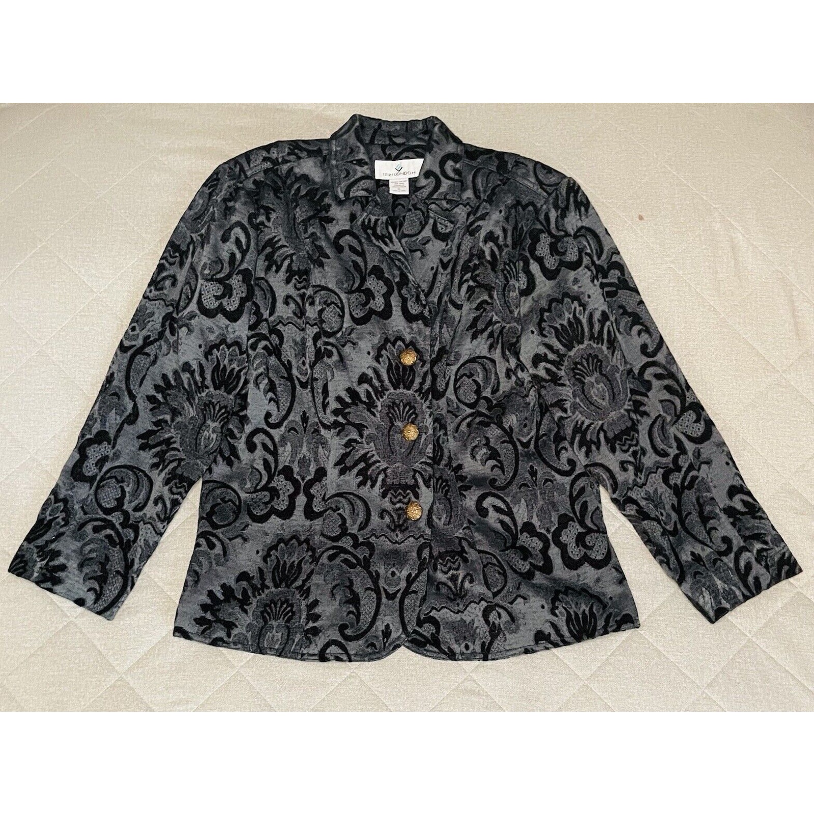 Erin London Black Tapestry Artsy Boho Victorian Floral Vintage Jacket Blazer XL
