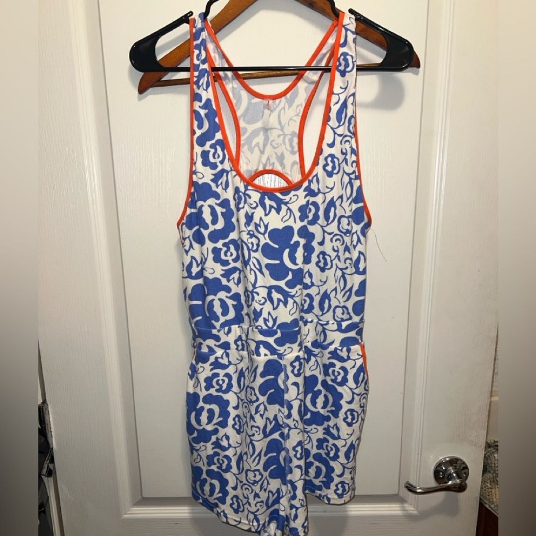 Free People Orange Trim Blue and White Floral Romper