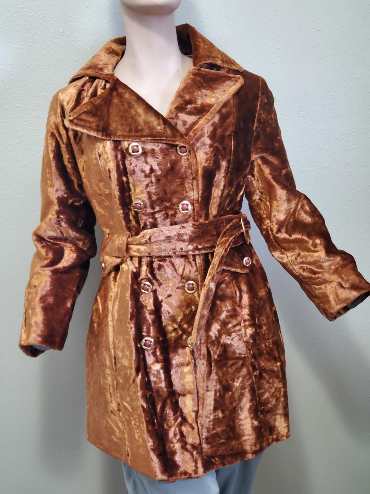 Vintage 1960's - 70's Copper Crushed Velvet Long Coat Mod Go Go Trench Mar Fay