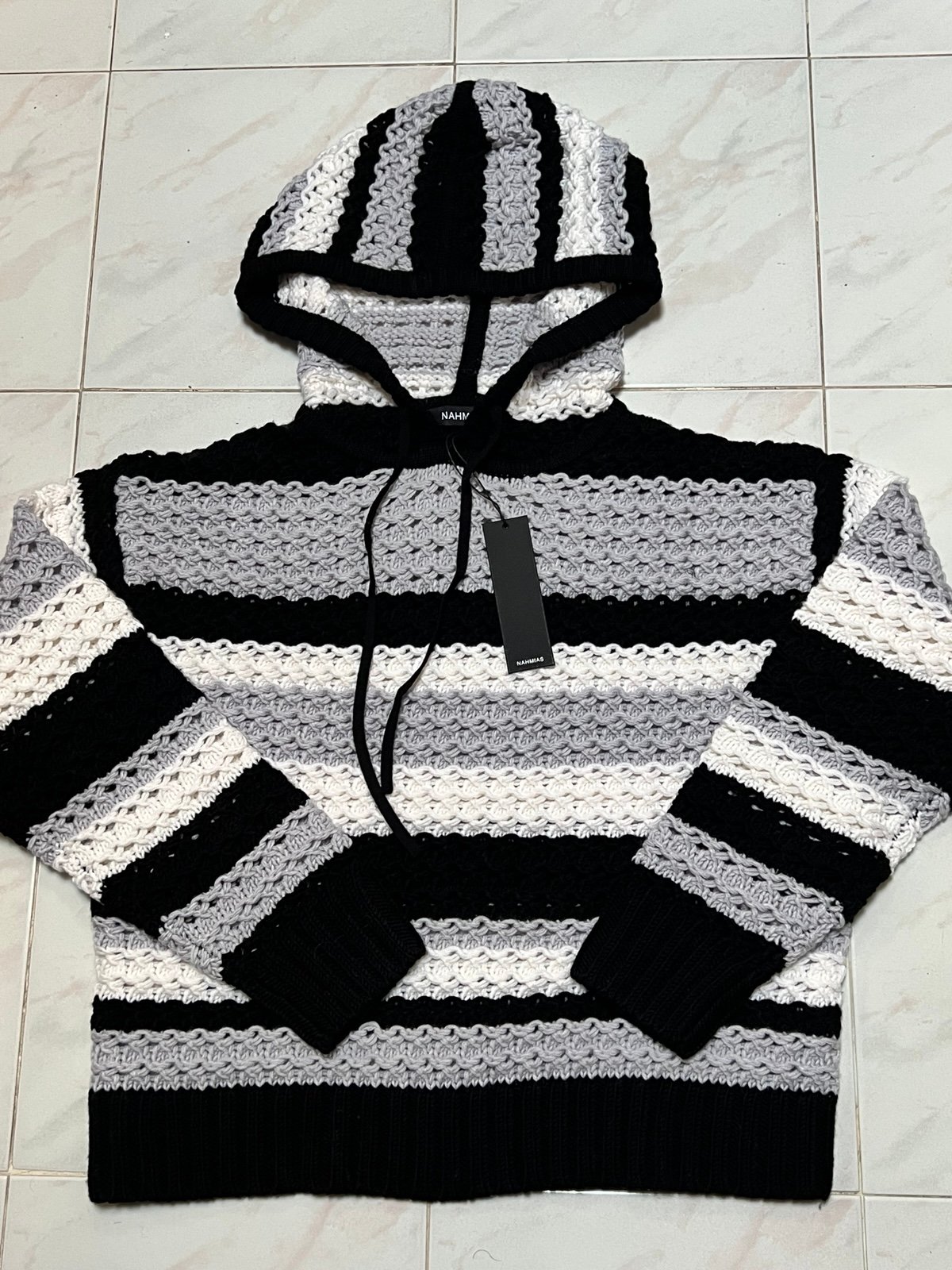 Nahmias Crochet Heavyweight Knit Striped Pullover Hoodie Men L Oversized