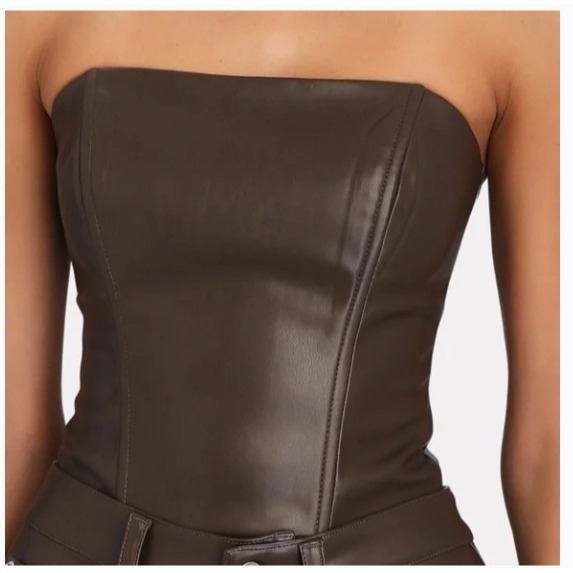 Weworewhat Brown Faux Patent Leather Corset Bustier Fitted Tube Top Zip Size 2