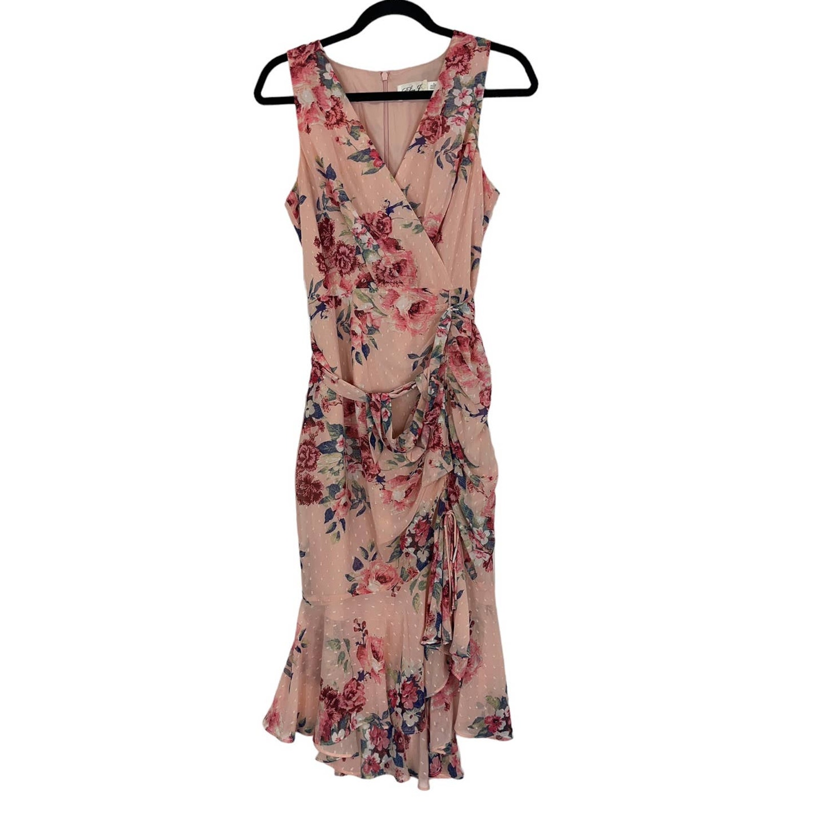Eliza J dress pale pink floral swiss dot faux wrap ruched size 6