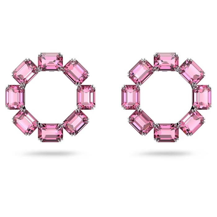 Swarovski Millenia hoop earrings, Octagon cut, Pink, Rhodium plated 5614296