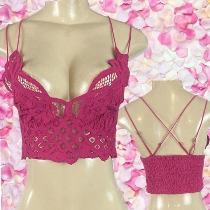 Free People L Rose Lace V-Neck Ruched Back Adjustable Crisscross Strap Bralette