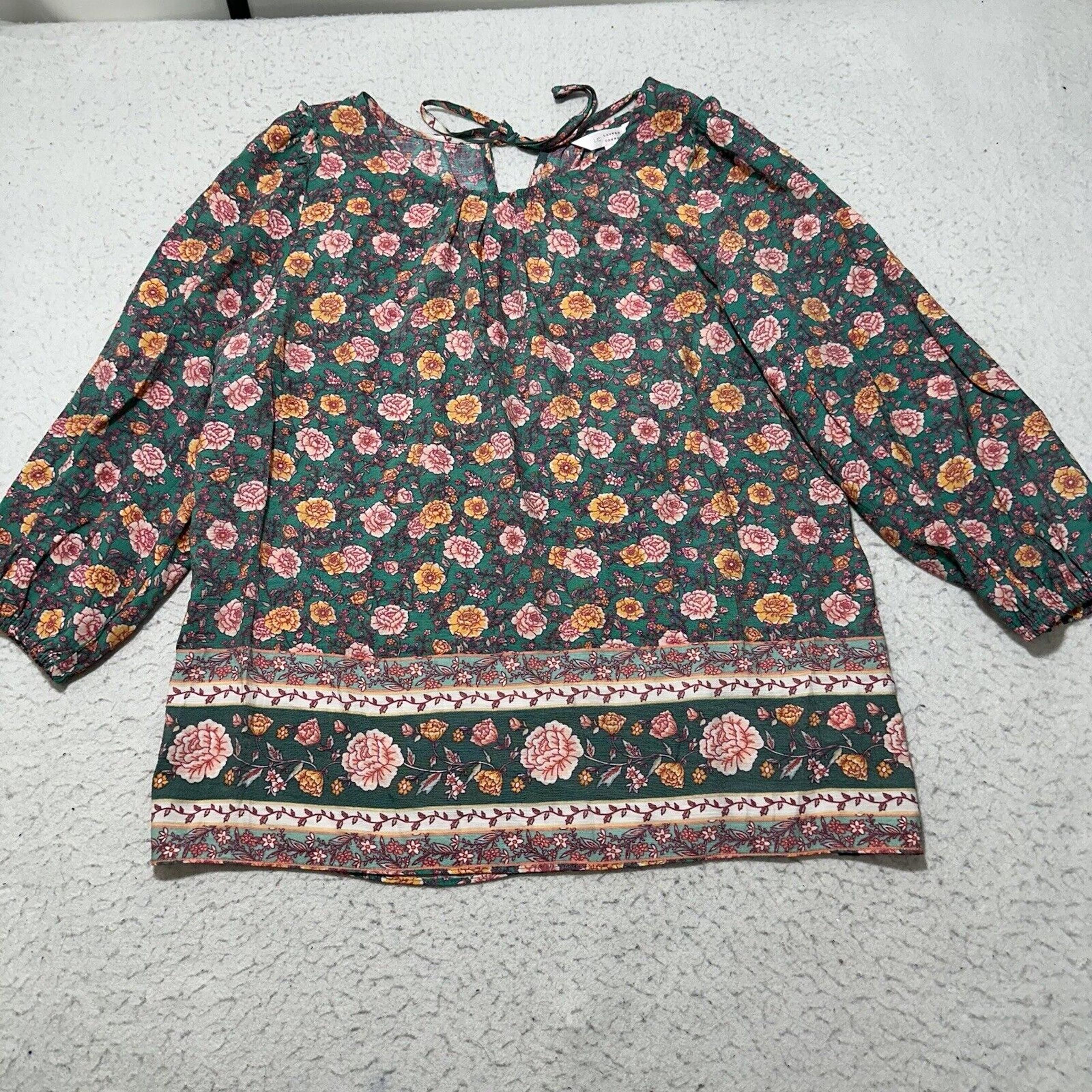 LC Lauren Conrad Women's Medium Green Pink Floral Long Sleeve Pullover Blouse