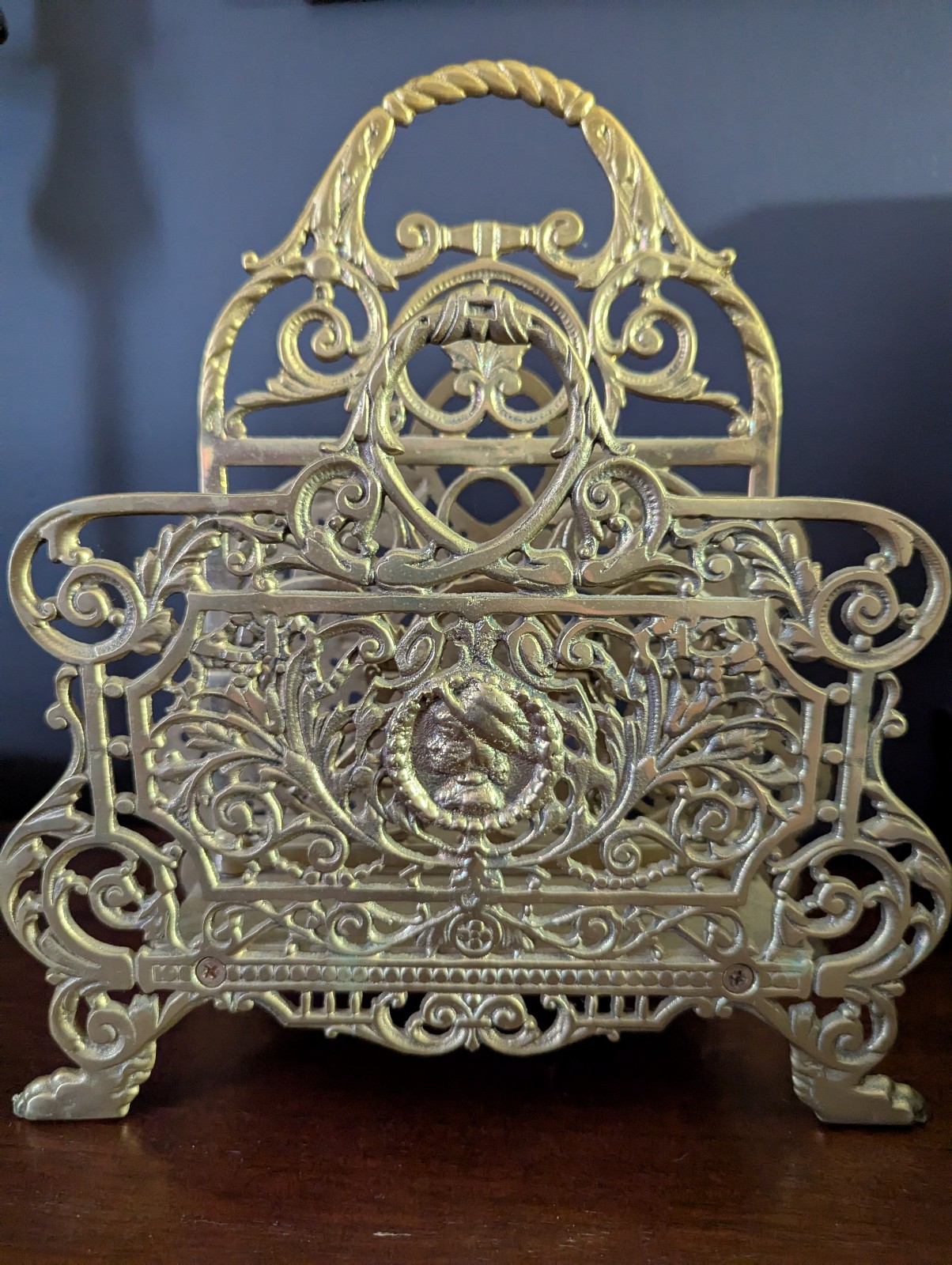 Elegant Vintage Solid Brass Decorative Storage Patina Book Magazine Holder