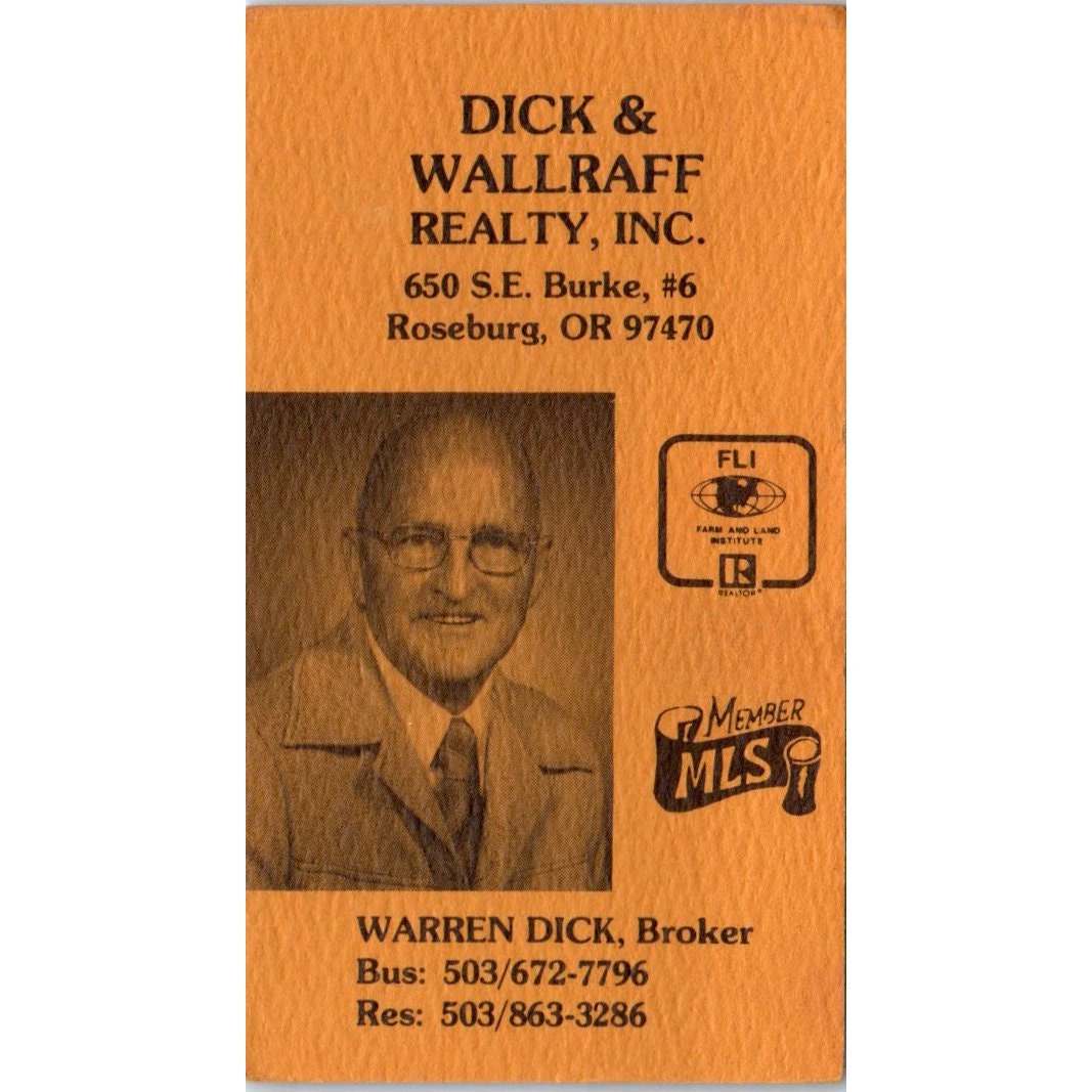 Warren Dick & Wallraff Realty Roseburg OR Vintage Business Card SD8-B2