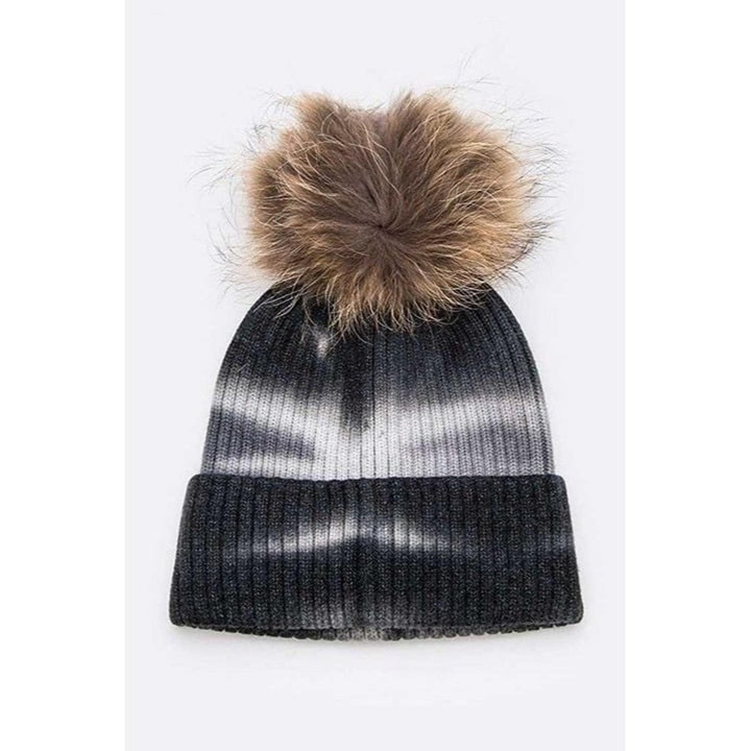 Raccoon Fur Pom Tie Dyed Cotton Blend Beanie