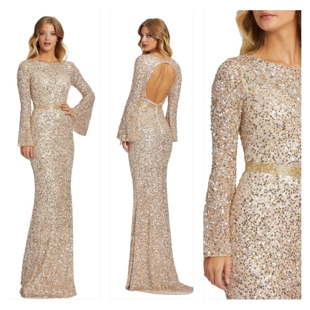 Size 8 Mac Duggal 5014 NWT High Neck Open Back Bell Sleeve Gown