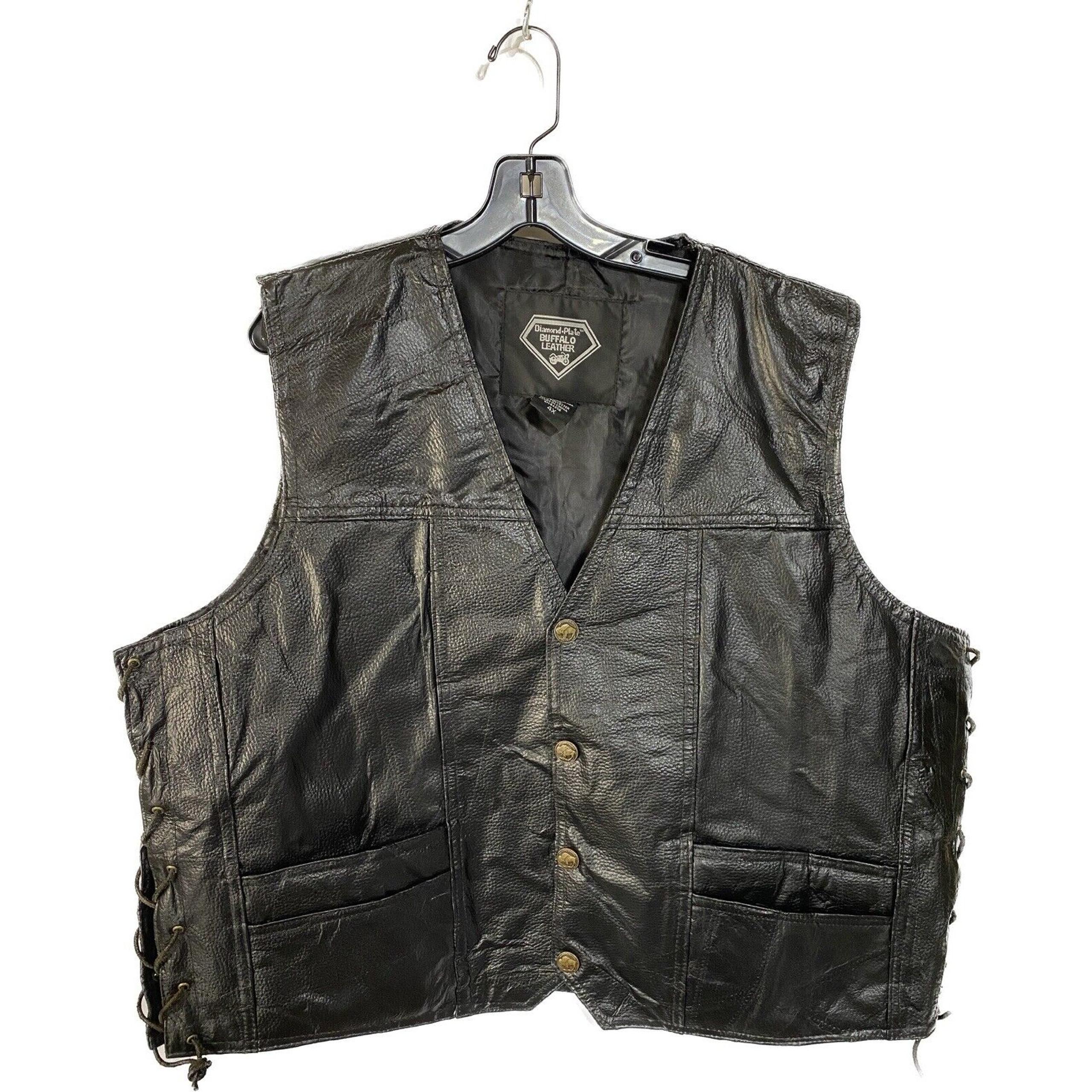 4X Diamond Plate Buffalo Leather Biker Vest Eagle Live To Ride Patch on Back