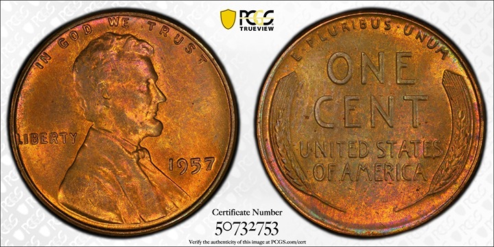 1957 LINCOLN WHEAT SMALL CENT PENNY PCGS MS64RB TRUEVUEW TONED NICE DETAILS C170
