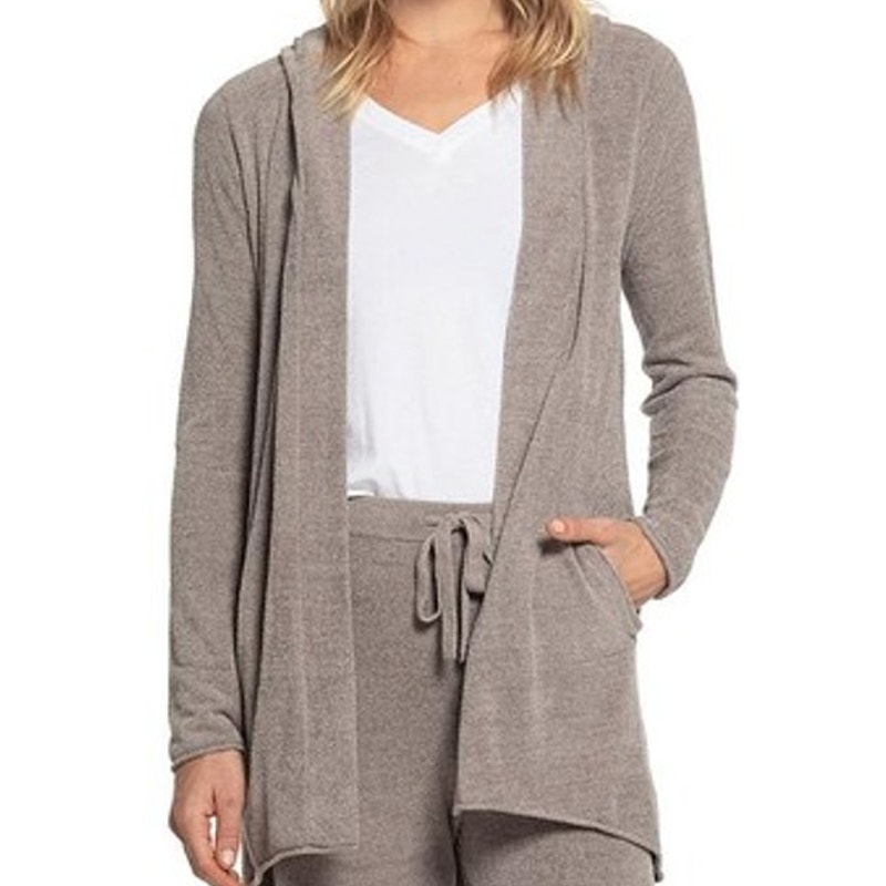 Barefoot Dreams CozyChic Ultra Lite Hooded Cardi Dove Gray Women's Size L NWT