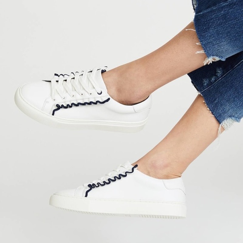 Tory Burch Women's Tory Sport White Leather Ruffle Navy Trim Sneakers Size 8