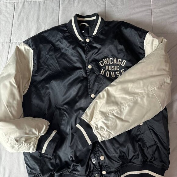 H&M YALE Varisty Jacket Mens L size Black White Embroidered Satin Bomber
