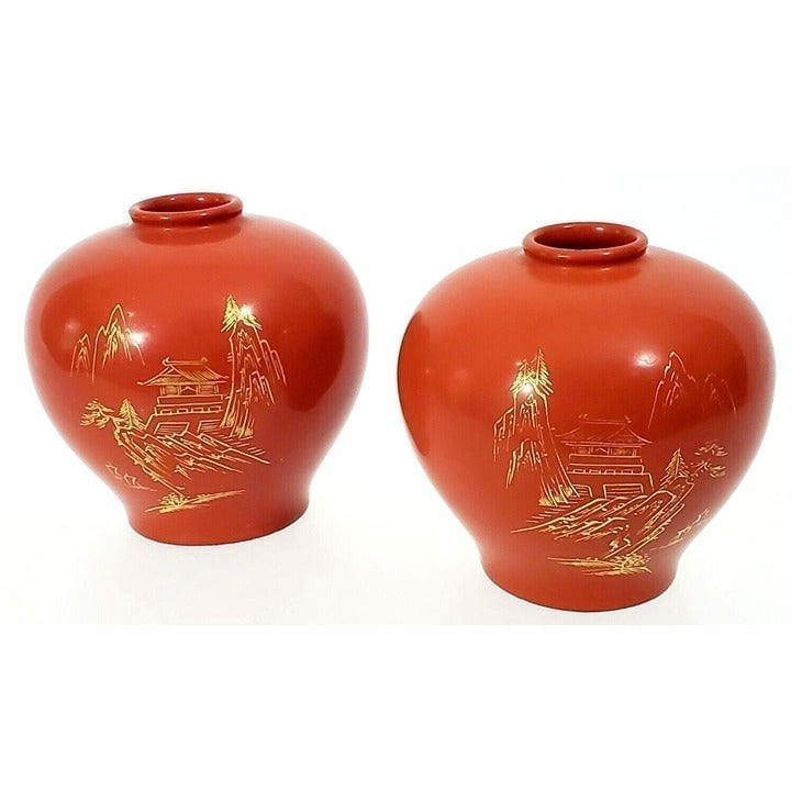 Pair of Vintage Royal Maruni Red & Gold Porcelain Vases__