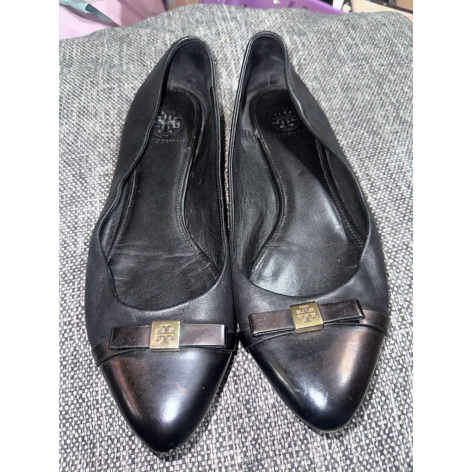 Tory Burch Black Leather Ballerina Almond Toe Tie Flats Bow/Gold Logo Size 10