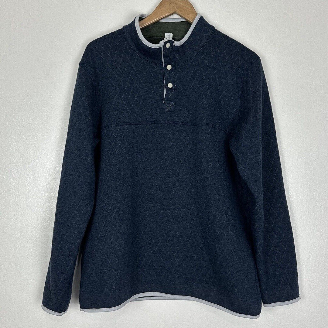 Marine Layer Mens Corbet Reversible Quilted Pullover Sweater Large Navy Olive