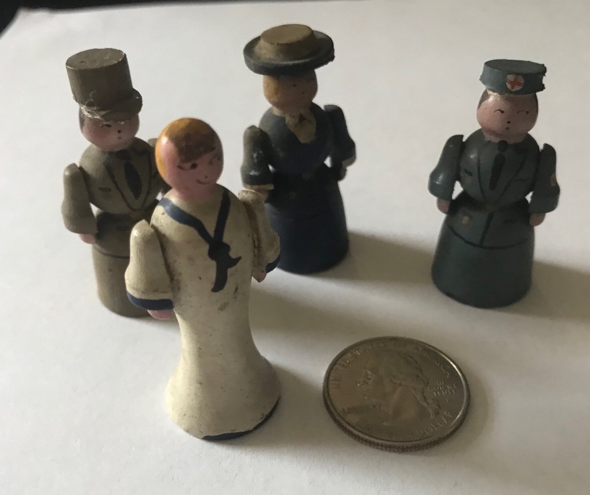 4 Antique Miniature Painted Wood Lady Dolls Figurine Toys