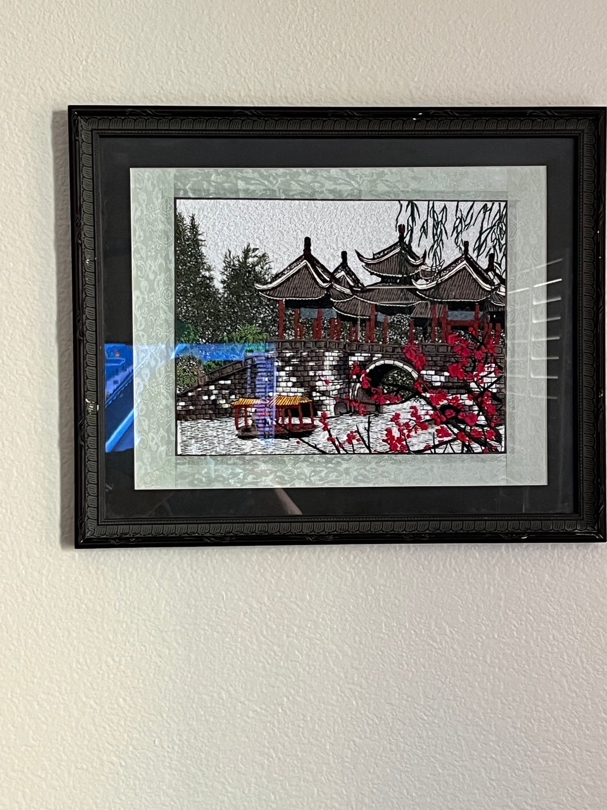 Vintage Oriental Asian Art Silk Thread Embroidery Needlework River Temple 22x 18