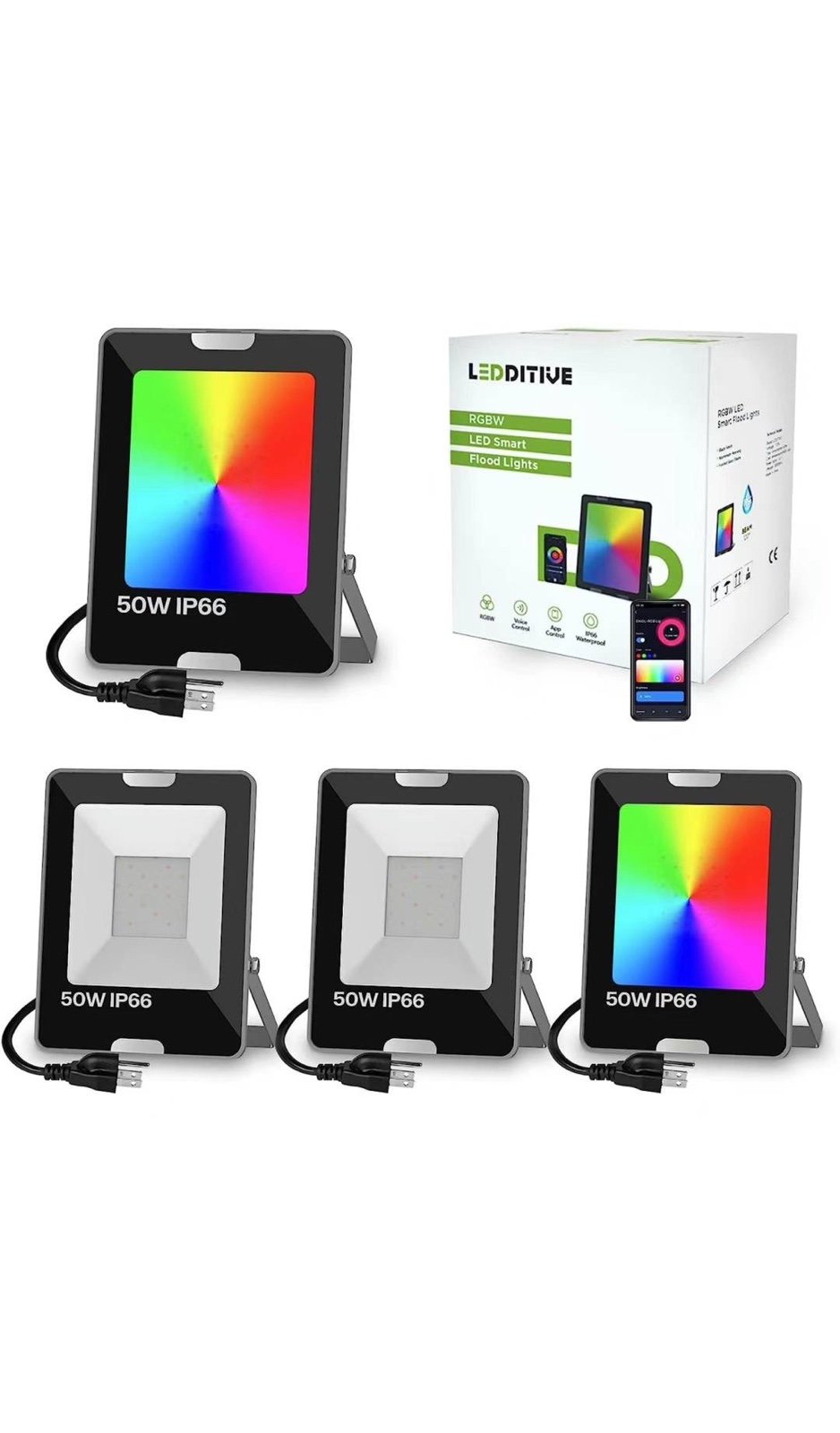 Smart RGB LED Flood Light 50W Eqv 500W, Outdoor Color Changing Stage Lights