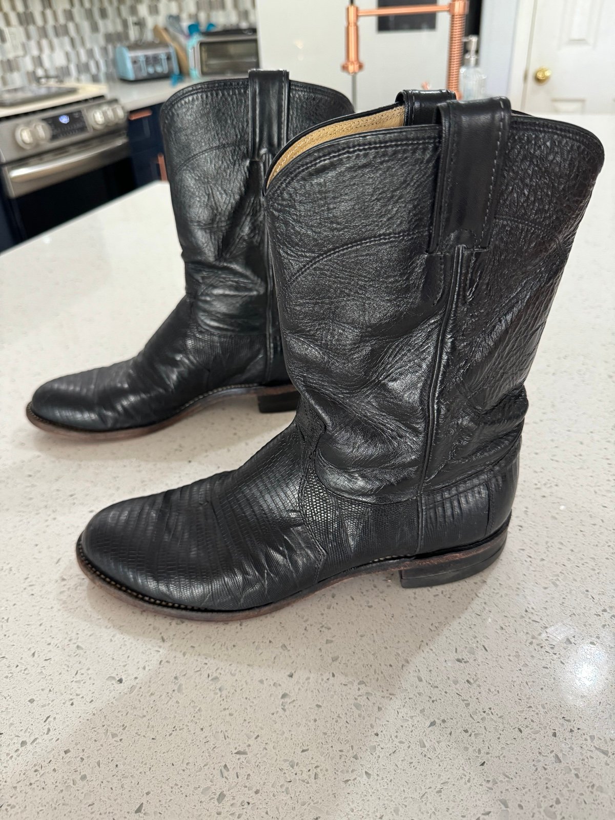 Justin Boots Black Roper Round Toe Lizard Cowboy Western Size 8.5 D