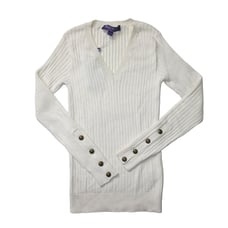 NWT Ralph Lauren Purple Label Cotton Cashmere V-neck in Cream Ribbed Sweater XS