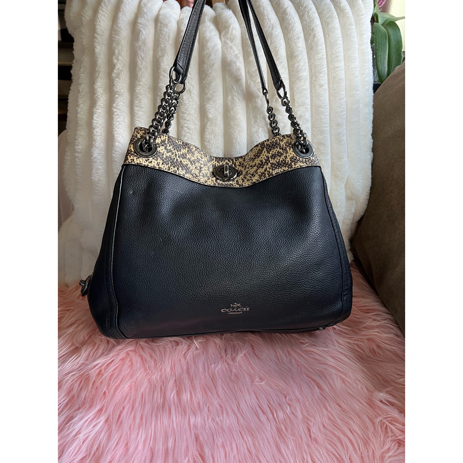 SOLD OUT Coach Turnlock Edie in Colorblock with Genuine Snakeskin Detail Chain