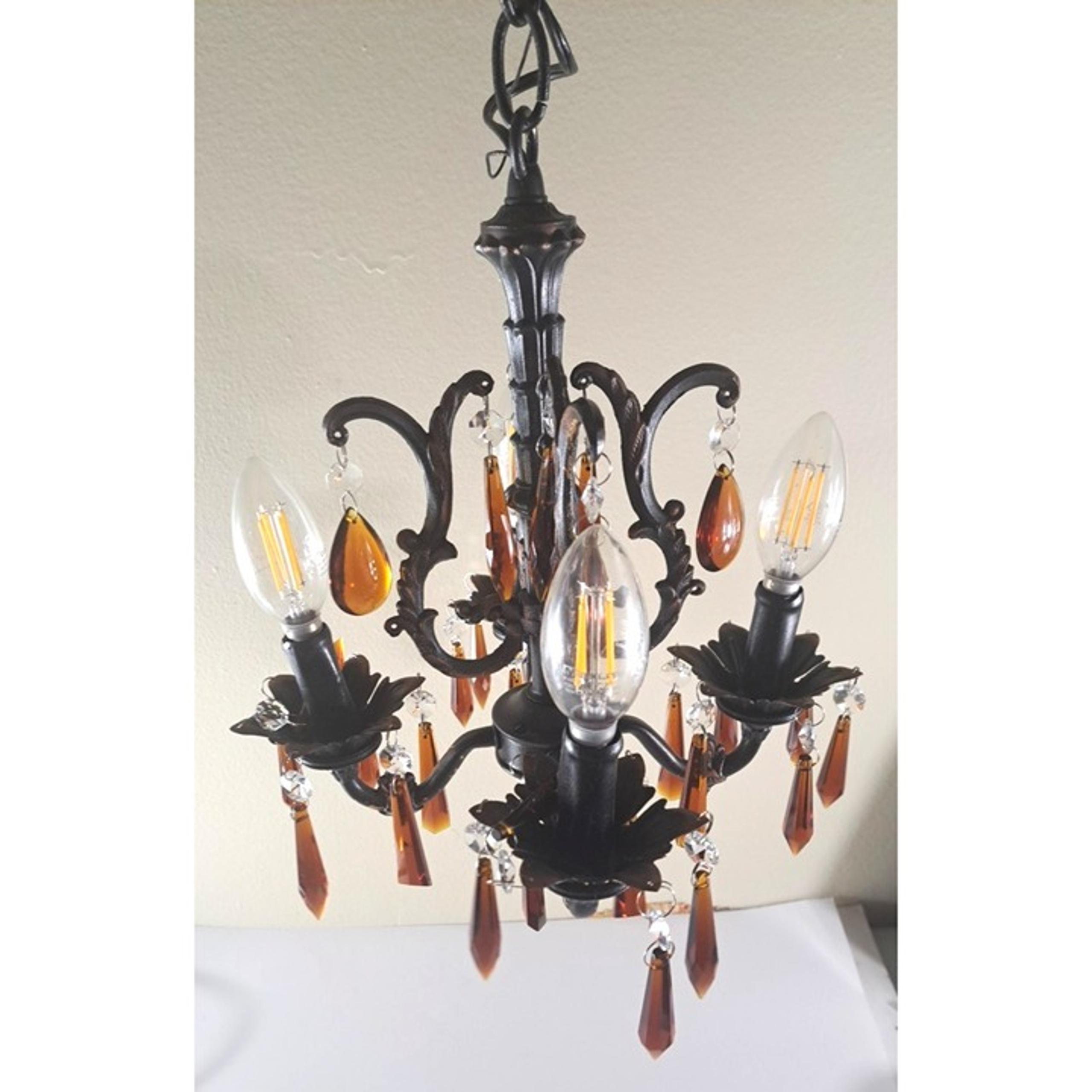 Vintage Ceiling Chandelier 4 Light Amber Glass Crystal Black Metal Gothic Tested