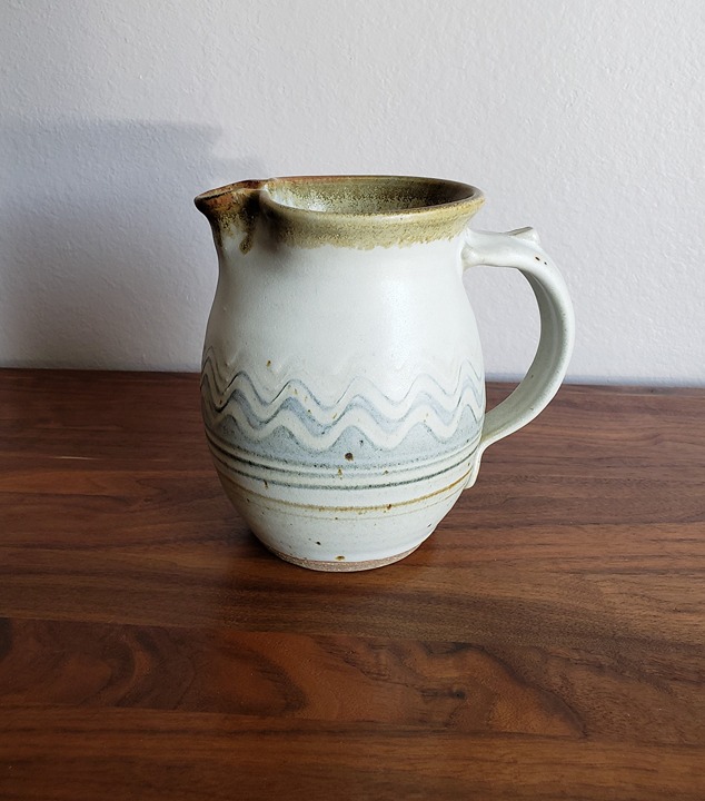 Tim Wedel Handcrafted Stoneware Blue and Tan Pitcher Signed