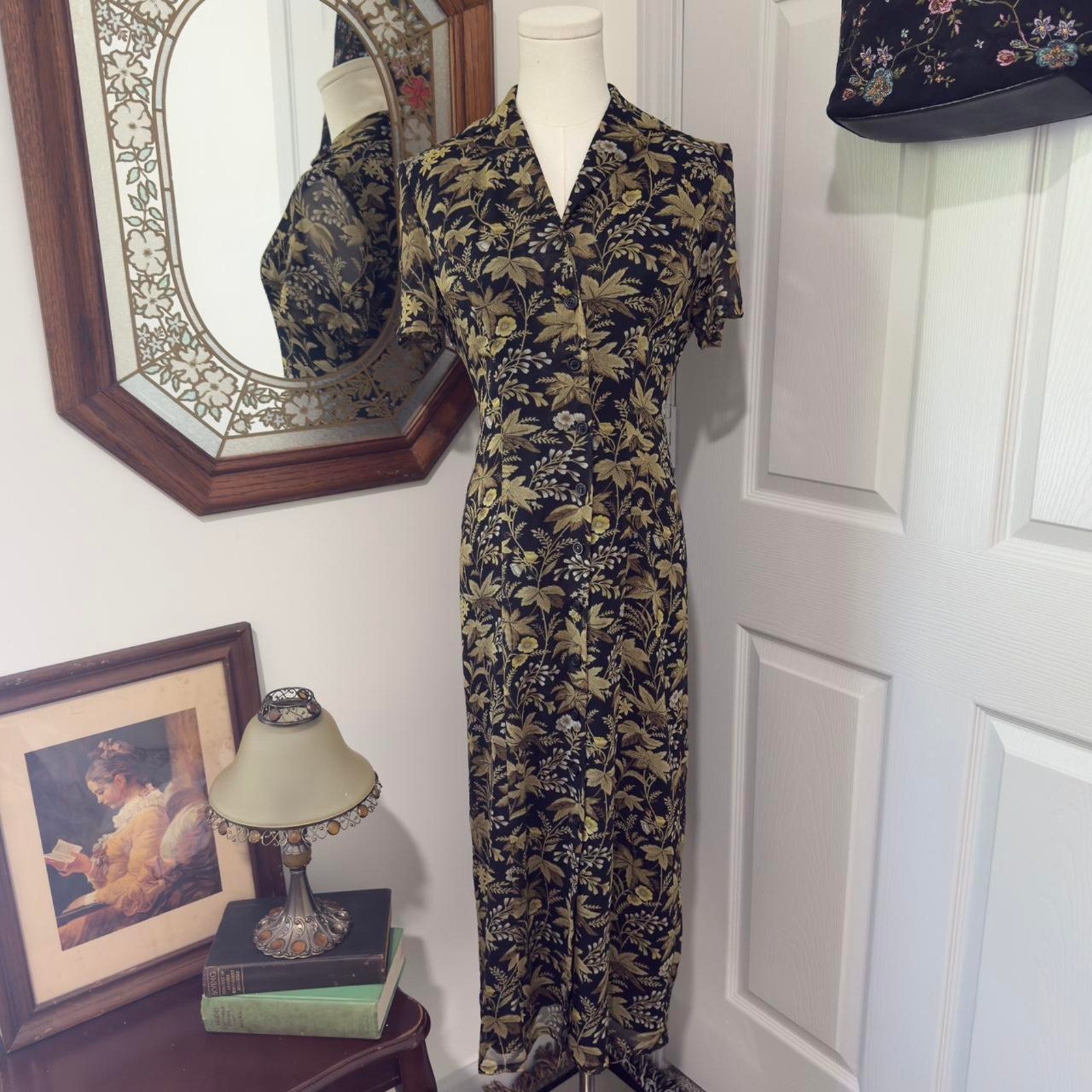 VTG 90s Maggy London Black & Green Leaf Botanical Silk Button Up Maxi Dress 2/XS