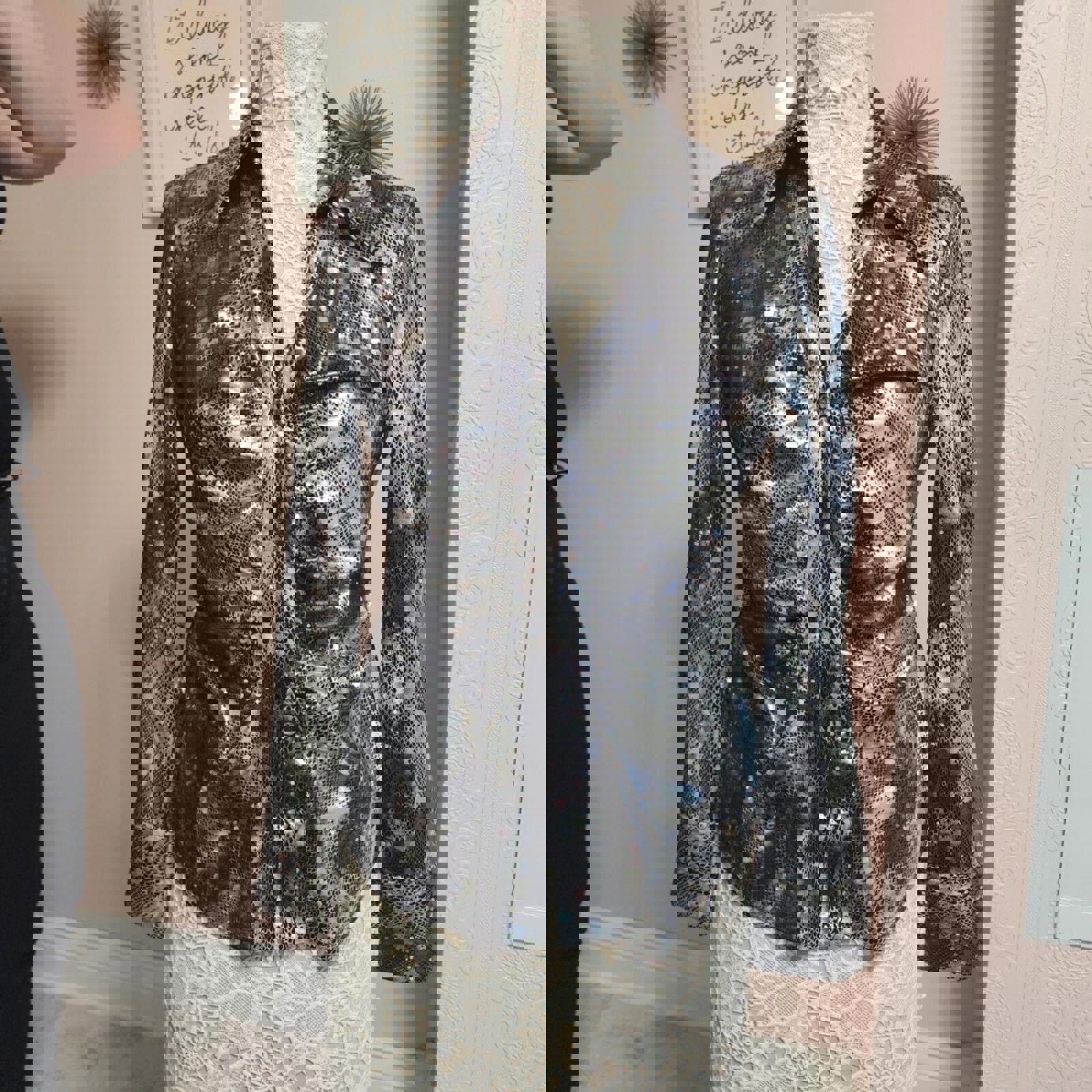 NWOT Joseph Ribkoff black silver metallic snakeskin print blouse shiney 8 O14