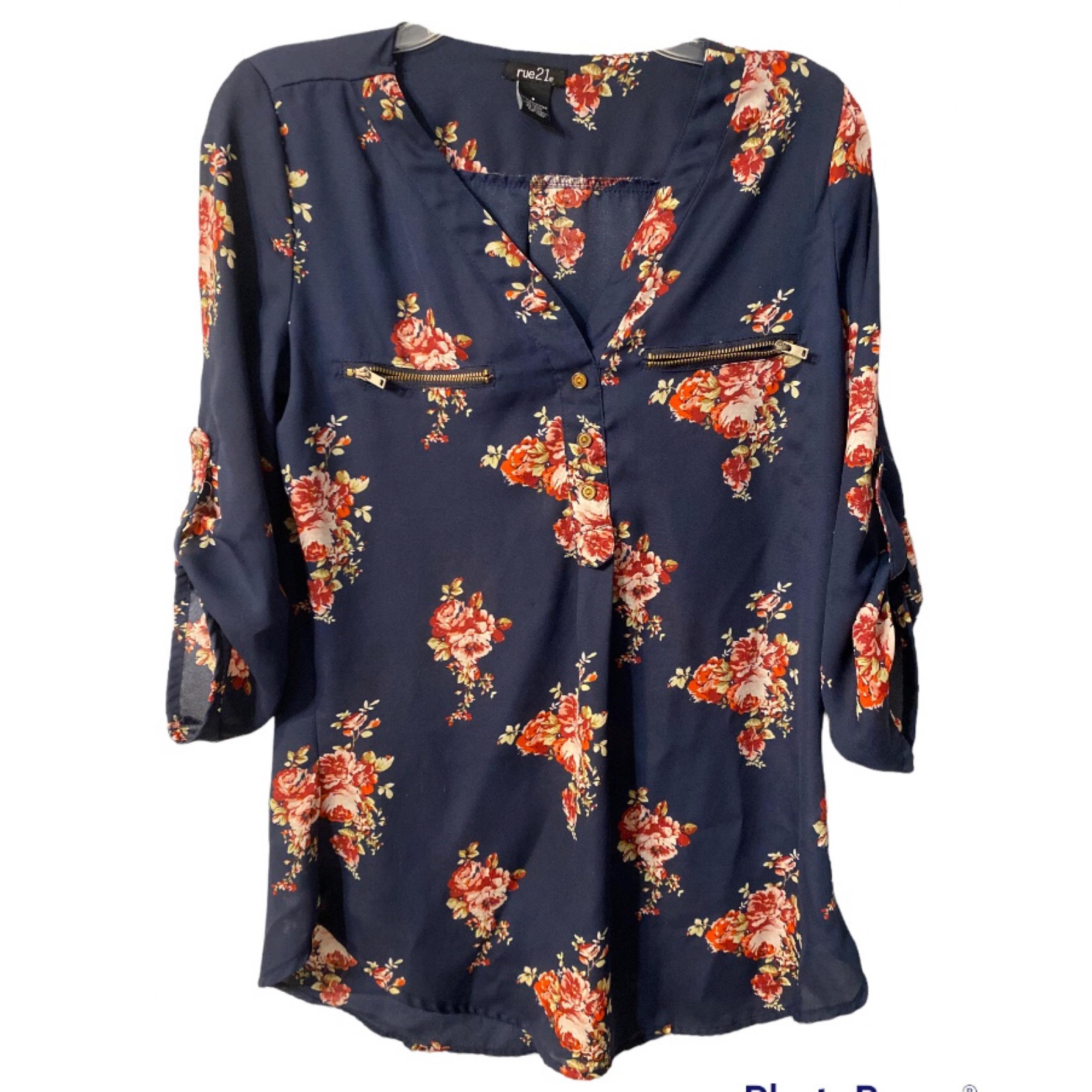 Rue 21 Top Blue Floral V Neck Gold Zip 3/4 Roll Tab Slv Elastic Waist Women’s S