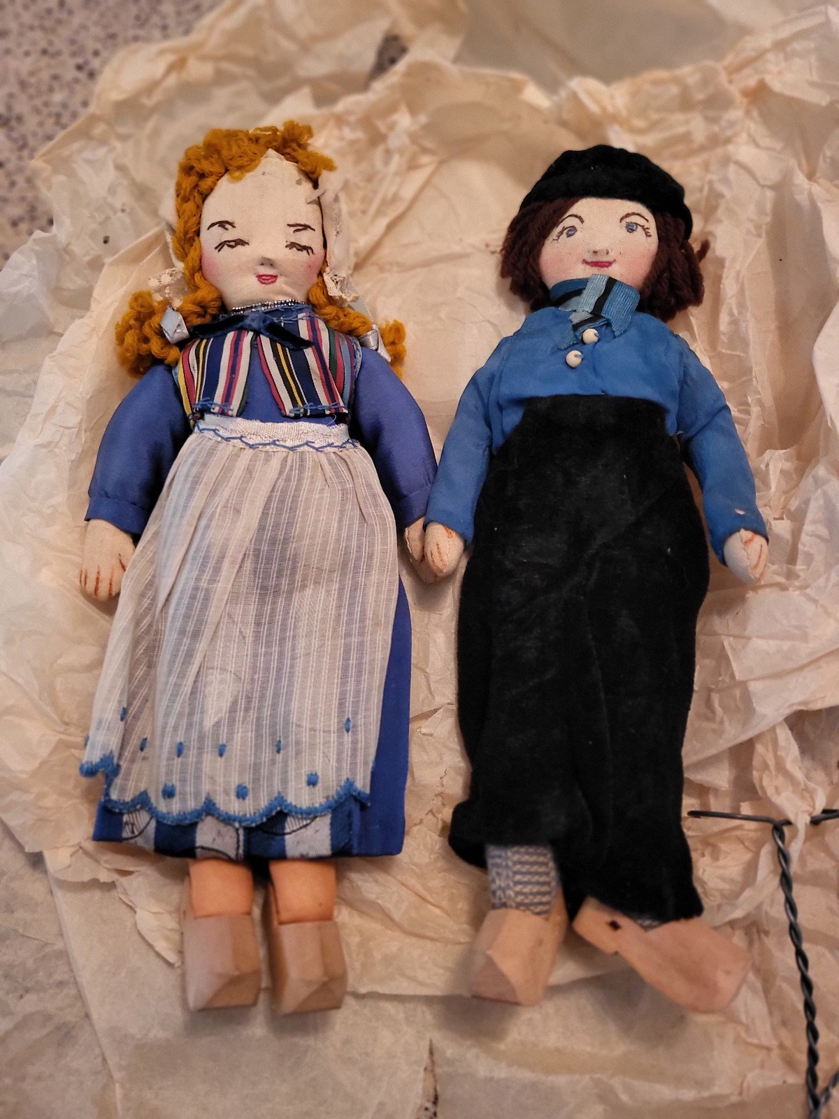 Antique handmade folkart rag dolls wooden feet