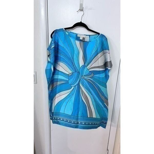 MICHAEL KORS HANDKERCHIEF BLUE PRINT PONCH TUNIC BLOUSE SZ M