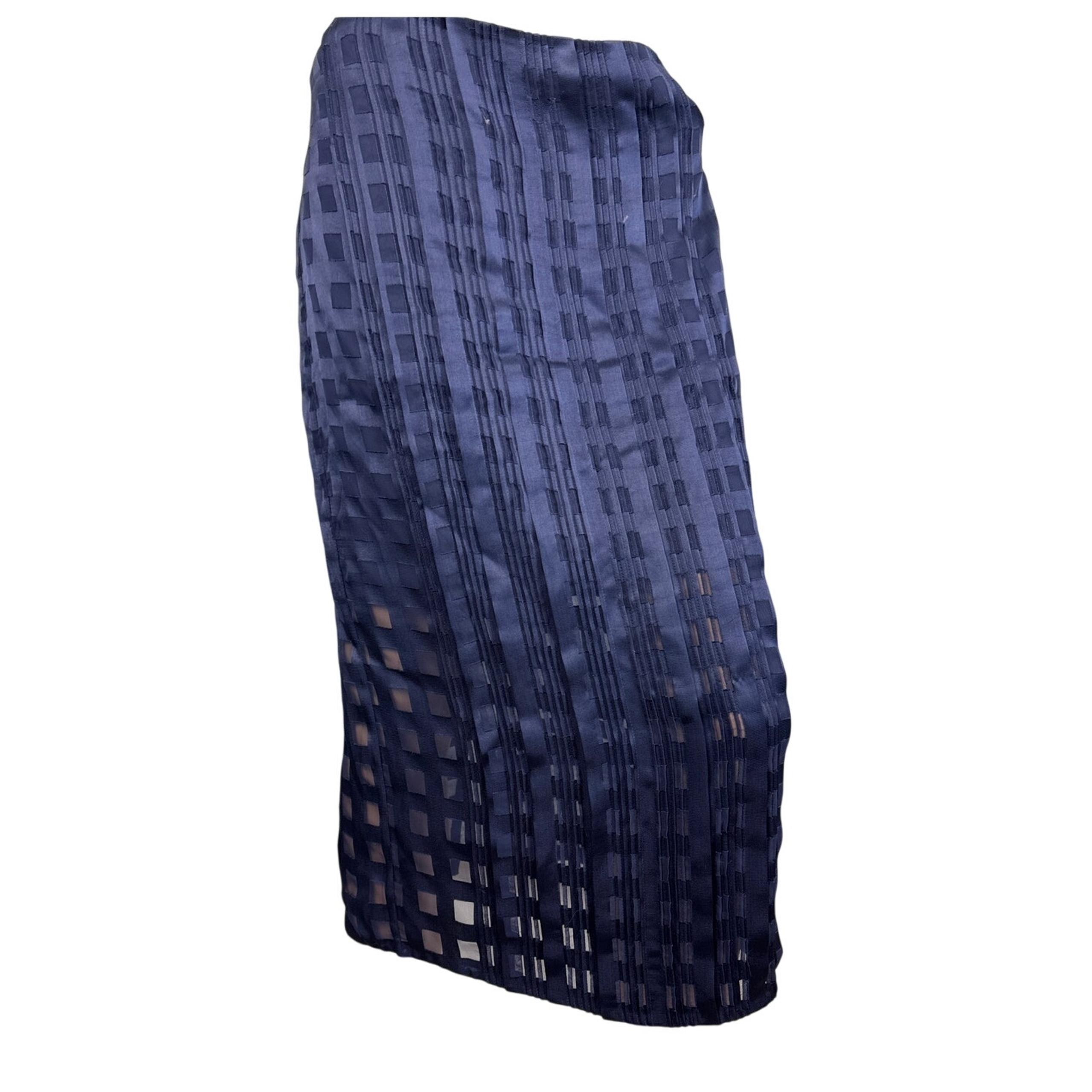 Diane Von Furstenburg Navy Blue Pleated Pencil Skirt Short Line Sheer Size 2