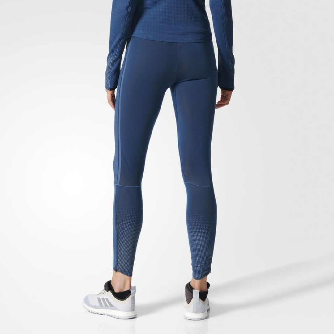 NWT Womens New Leggings Adidas S Blue Lined Climaheat Run Warm Leg Zippers Refle