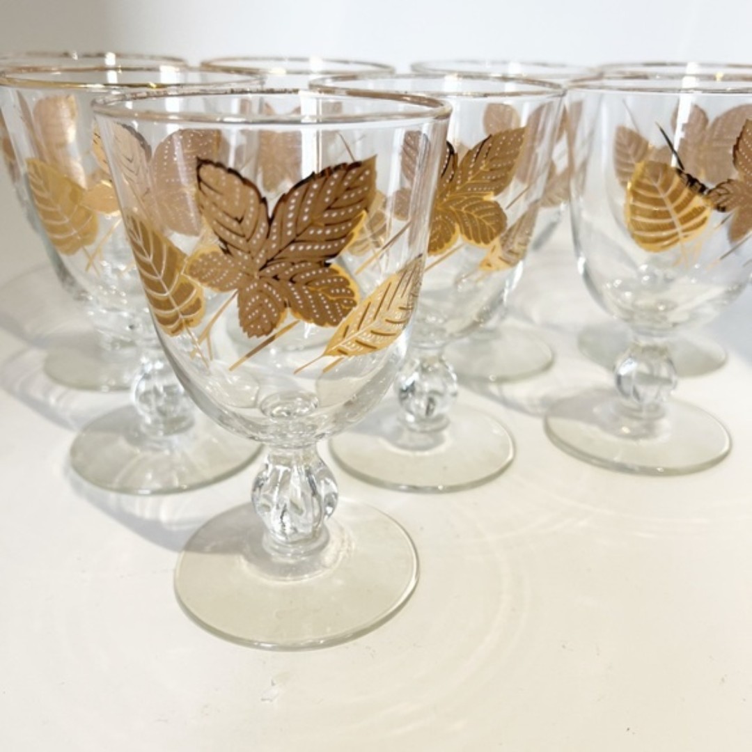 Vtg MCM Gold Foil Autumn Foliage Stemware set of 8