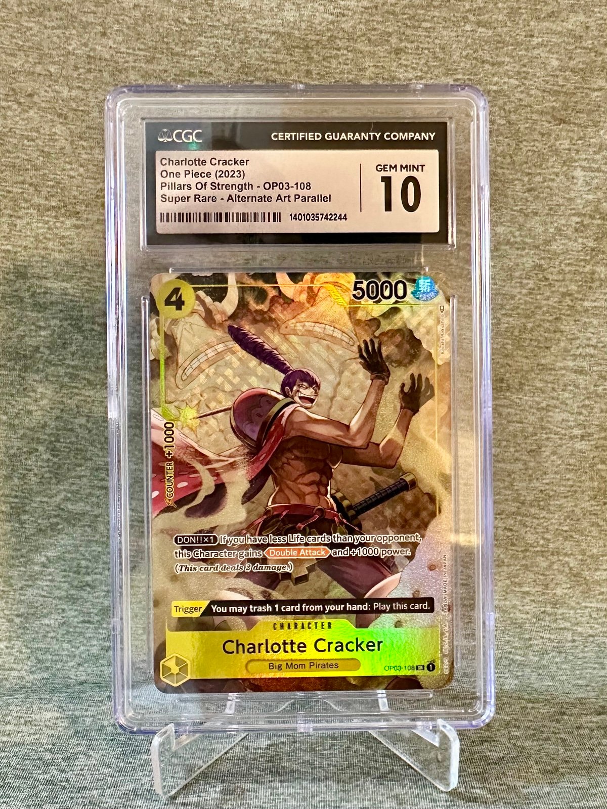 CGC 10 Gem Mint Charlotte Cracker (Alternate Art) OP03-108 One Piece TCG Holo