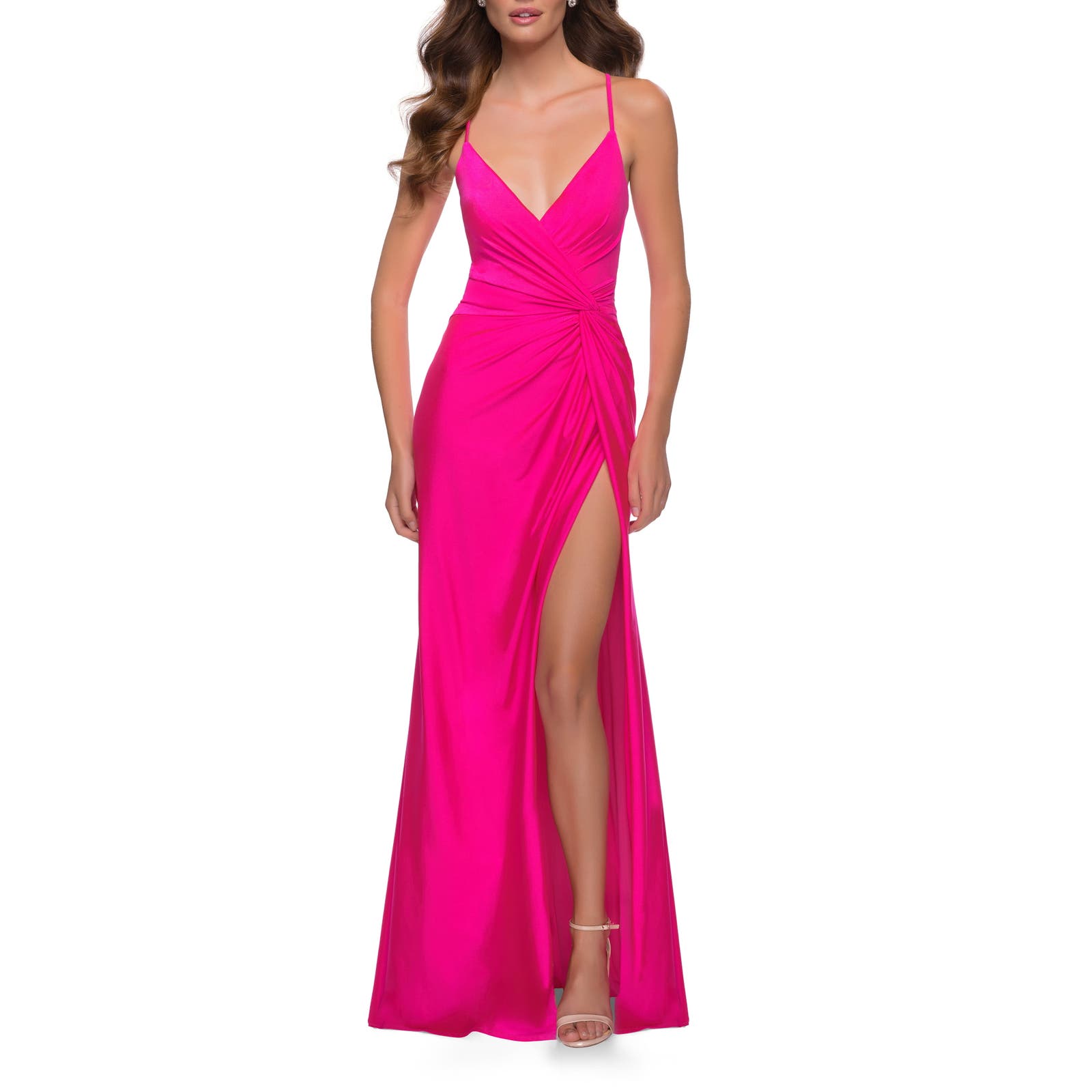 La Femme Hot Pink Jersey Gown with Knot Waist and Lace up Back Size 6 NWT
