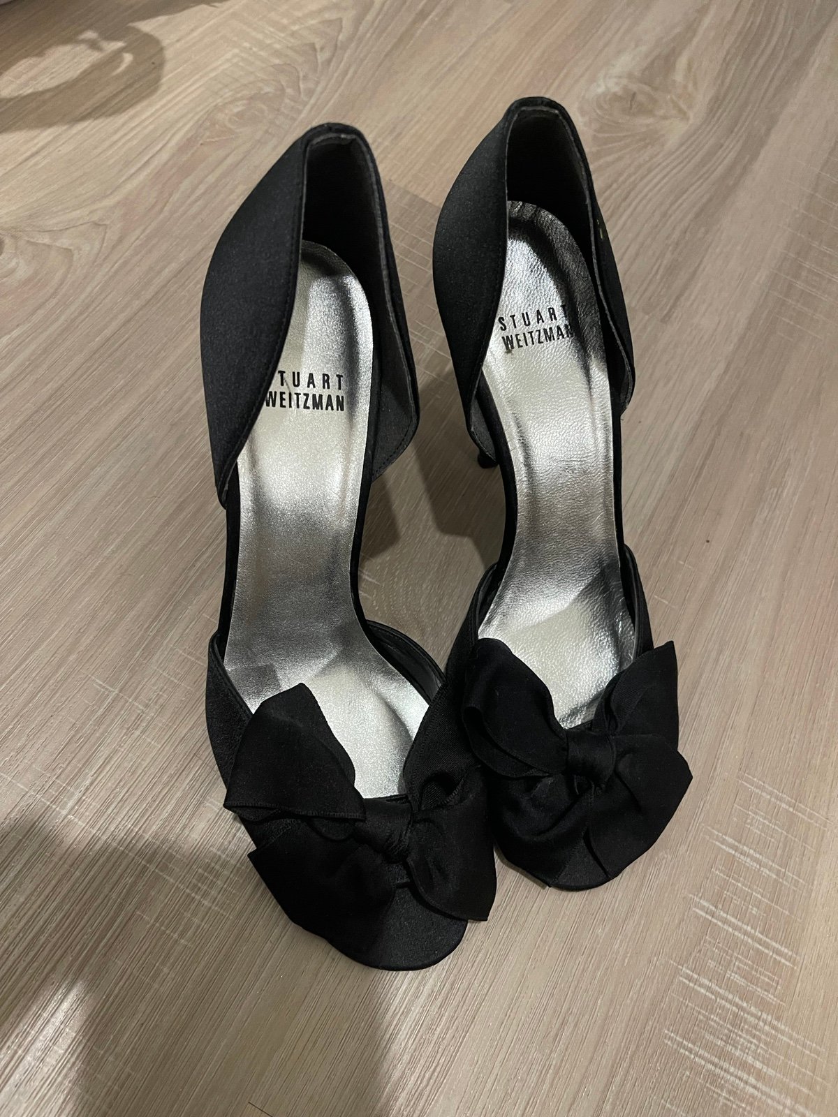 Stuart Weitzman Black Satin Bow D'orsay Peep Toe Pumps size 8.5