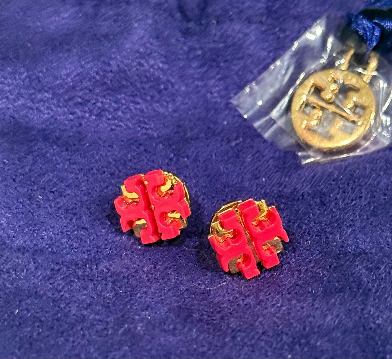Authentic Tory Burch Hot Pink and Gold Logo Stud Earrings