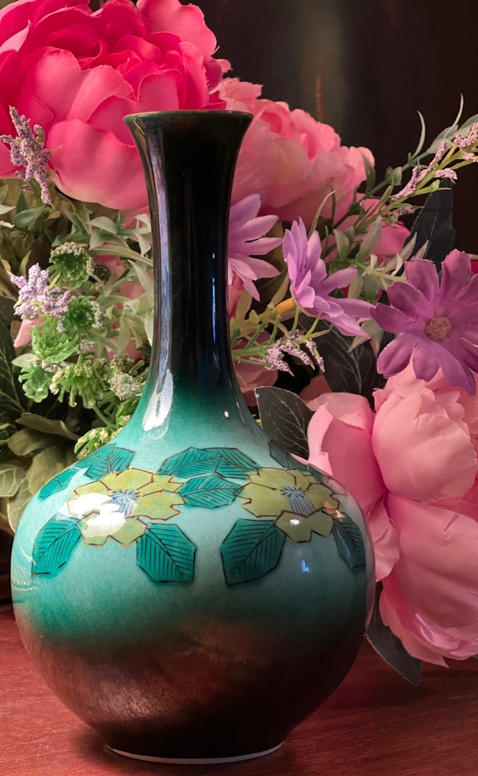 Mid-Century Fukagawa Porcelain Floral Green Vase