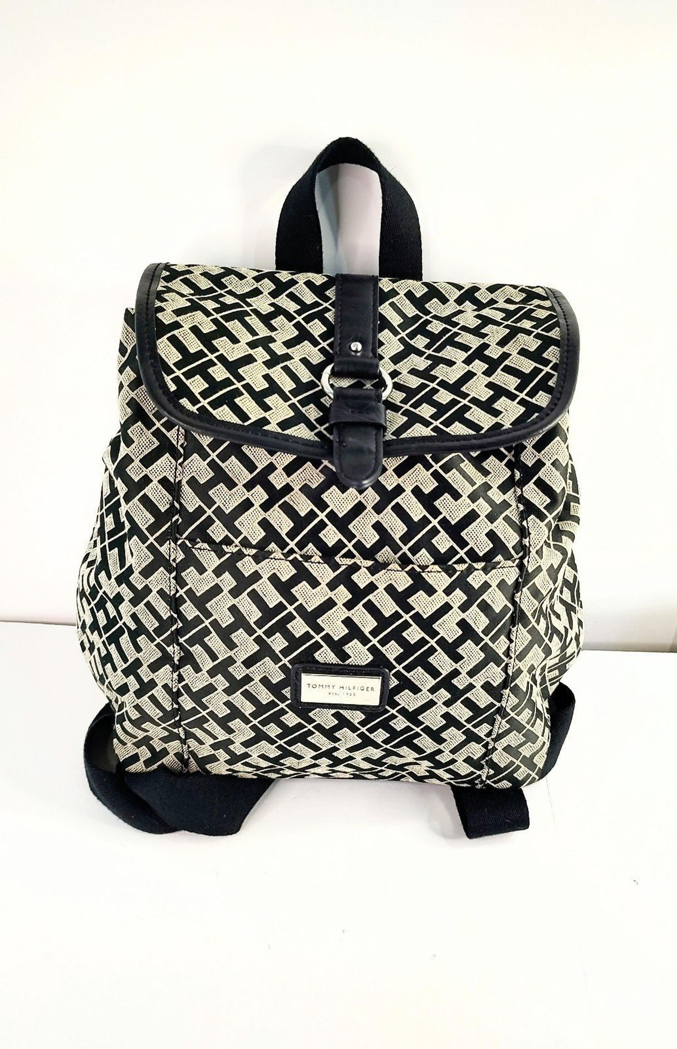 Tommy Hilfiger Black Beige Academia School Soft Fabric Backpack Purse Bag