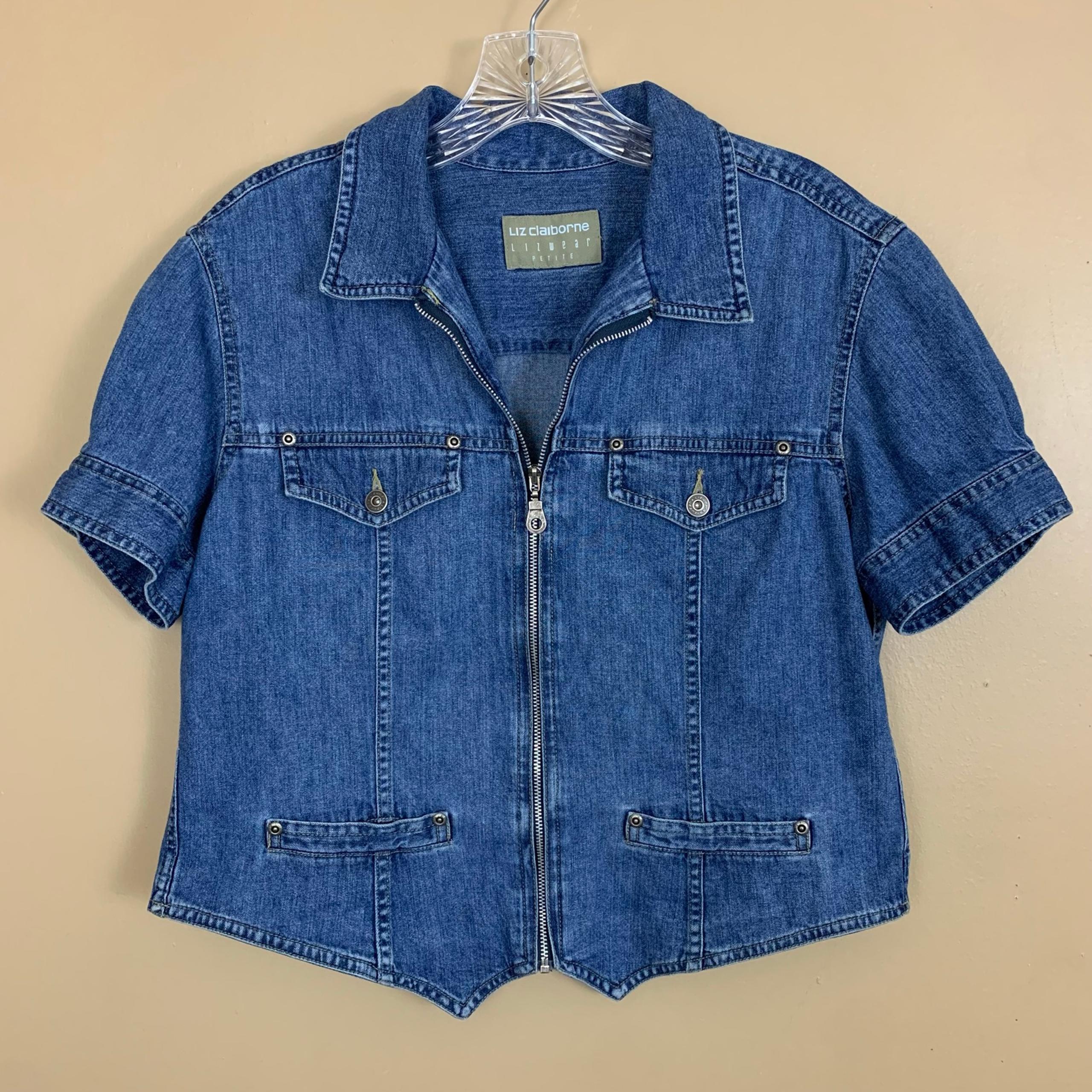 VTG Liz Claiborne Top Womens Petite Large Blue Jean Denim Zip Jacket 90s Cottage