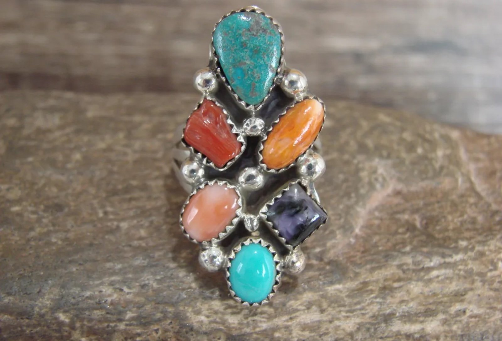 Sterling Silver Cluster Turquoise & Multi Stone Ring
