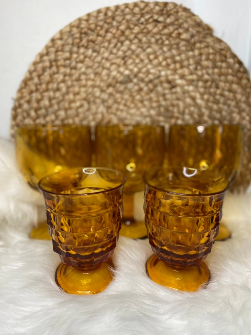 Vintage mid century modern amber marigold glass set