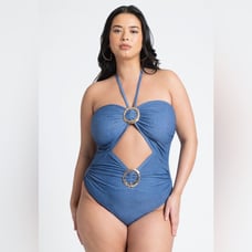 Eloquii Plus Size Hammered Ring Detail Denim One Piece Swimsuit NWT