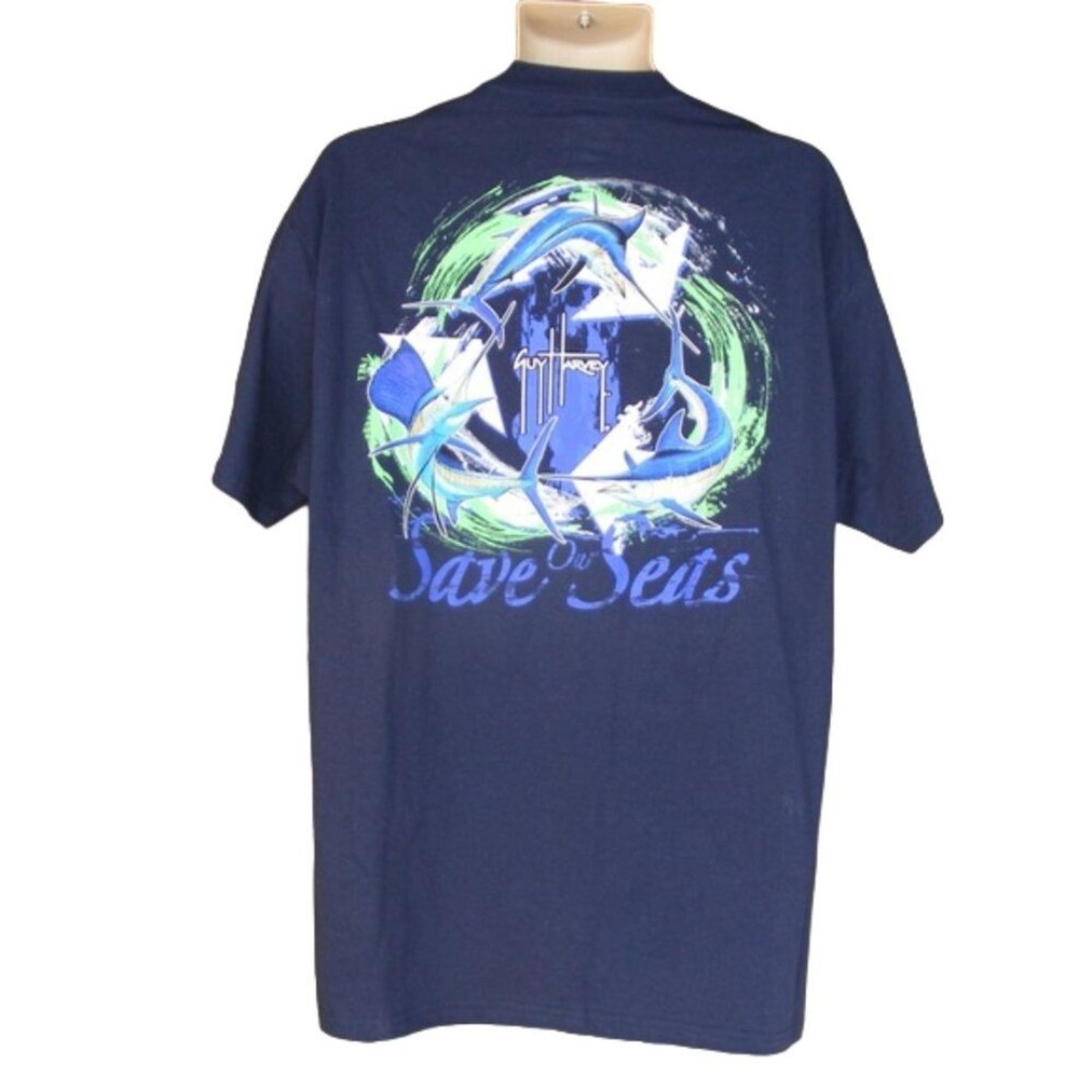 GUY HARVEY Tshirt, L Navy Blue, SAVE OUR SEAS, Logo Pocket, Short sleeve, Cotton