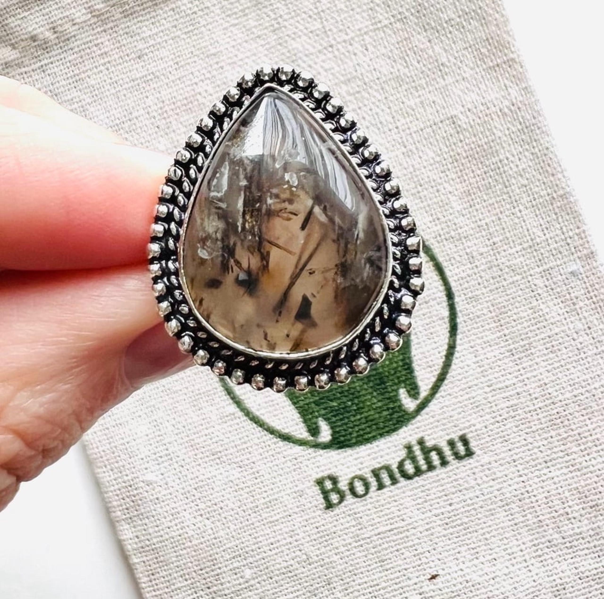 Black Rutilated Quartz 925 Silver Ring Size 6.5