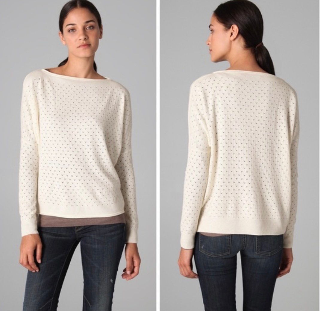 Vince Ivory Pointelle Wool Cashmere Boatneck Drop Sleeve Sweater, Sz S